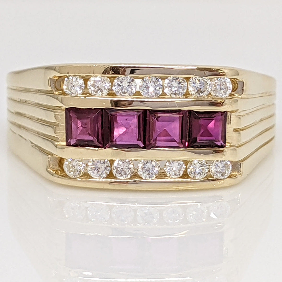 14K RUBY PRINCESS CUT (4) 3X3 WITH (14) MELEE DIAMOND ESTATE RING 10.7 GRAMS