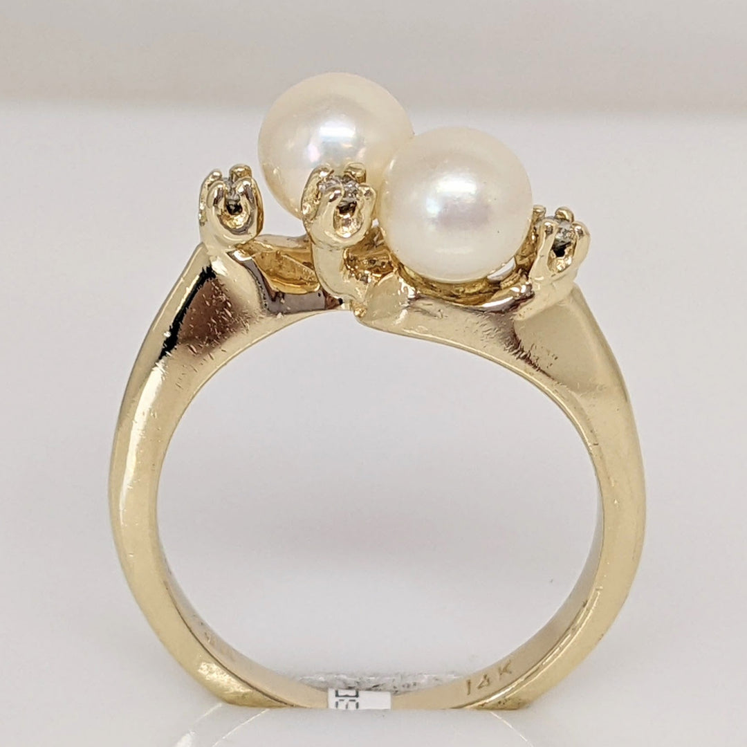 14K PEARL ROUND (2) 5.5MM WITH (4) MELEE BYPASS ESTATE RING 3.6 GRAMS