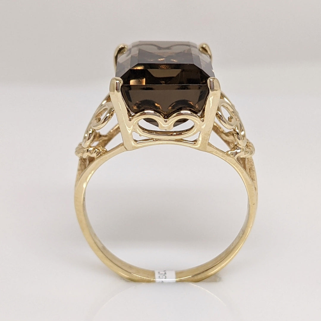 14K SMOKEY QUARTZ EMERALD CUT 10X14 ESTATE RING 4.4 GRAMS