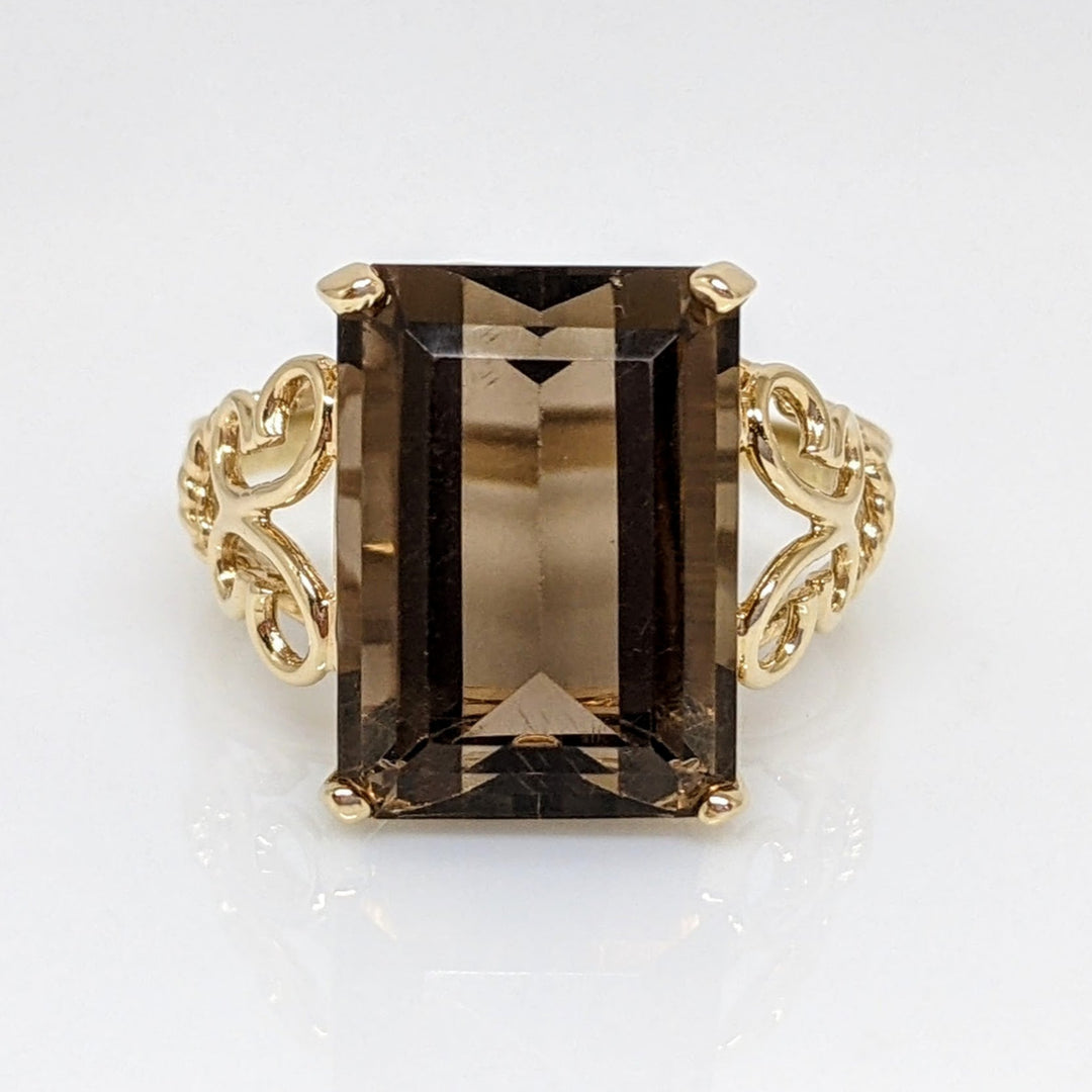 14K SMOKEY QUARTZ EMERALD CUT 10X14 ESTATE RING 4.4 GRAMS