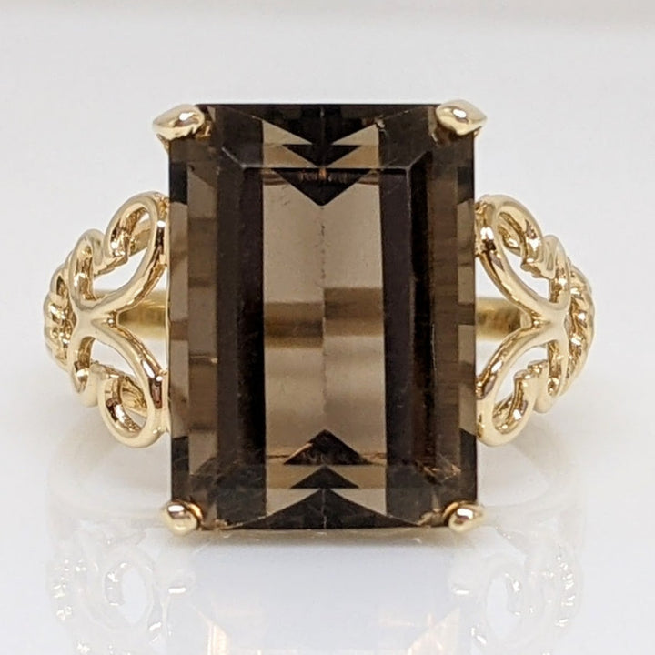 14K SMOKEY QUARTZ EMERALD CUT 10X14 ESTATE RING 4.4 GRAMS