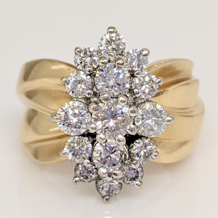 14K 2.00 CARAT TOTAL WEIGHT SI3-I1 I-J DIAMOND ROUND (15) CLUSTER ESTATE RING 11.0 GRAMS