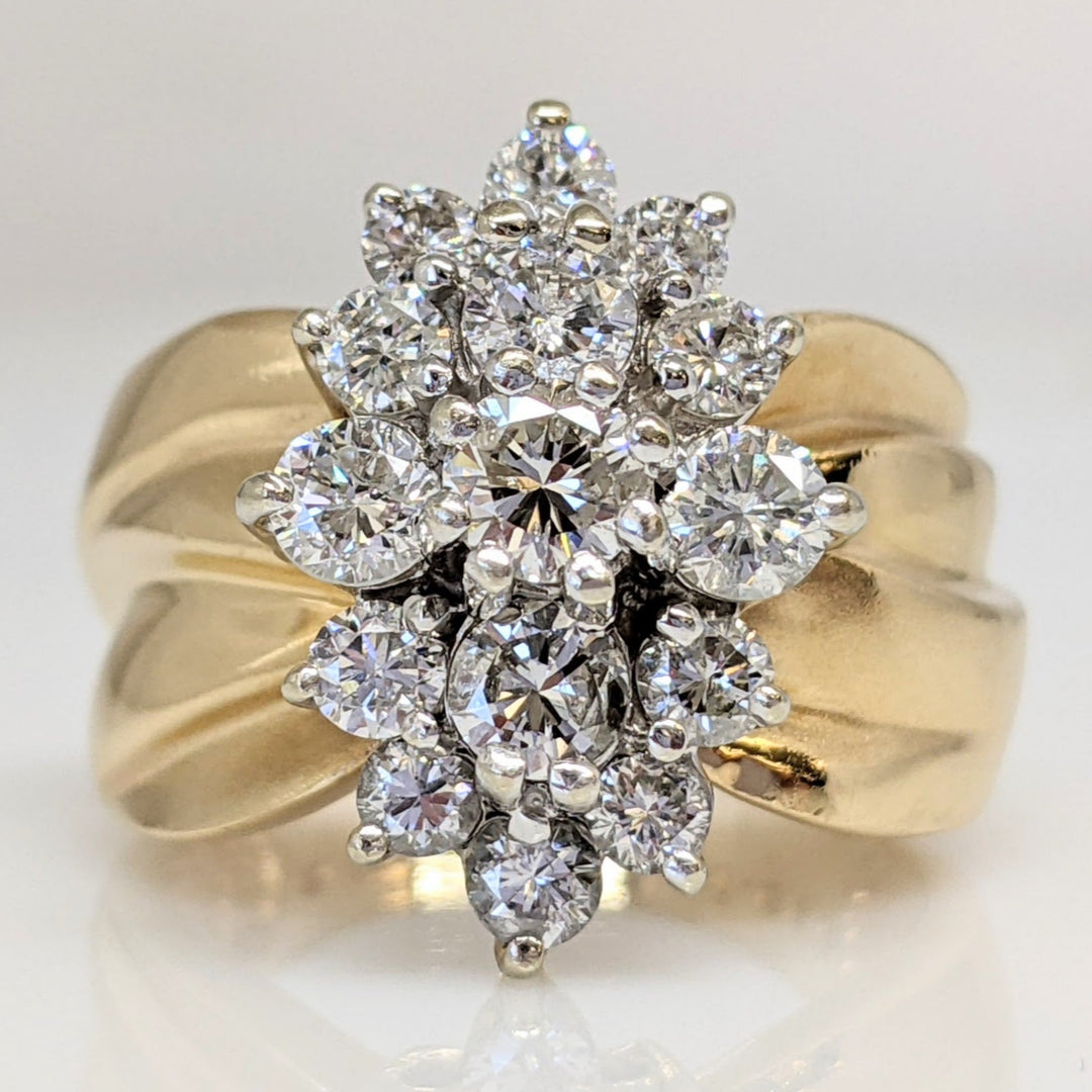 14K 2.00 CARAT TOTAL WEIGHT SI3-I1 I-J DIAMOND ROUND (15) CLUSTER ESTATE RING 11.0 GRAMS