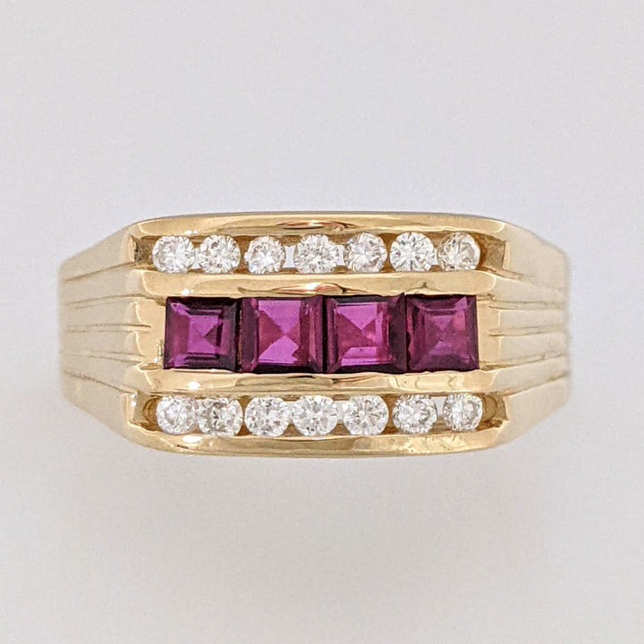 14K RUBY PRINCESS CUT (4) 3X3 WITH (14) MELEE DIAMOND ESTATE RING 10.7 GRAMS