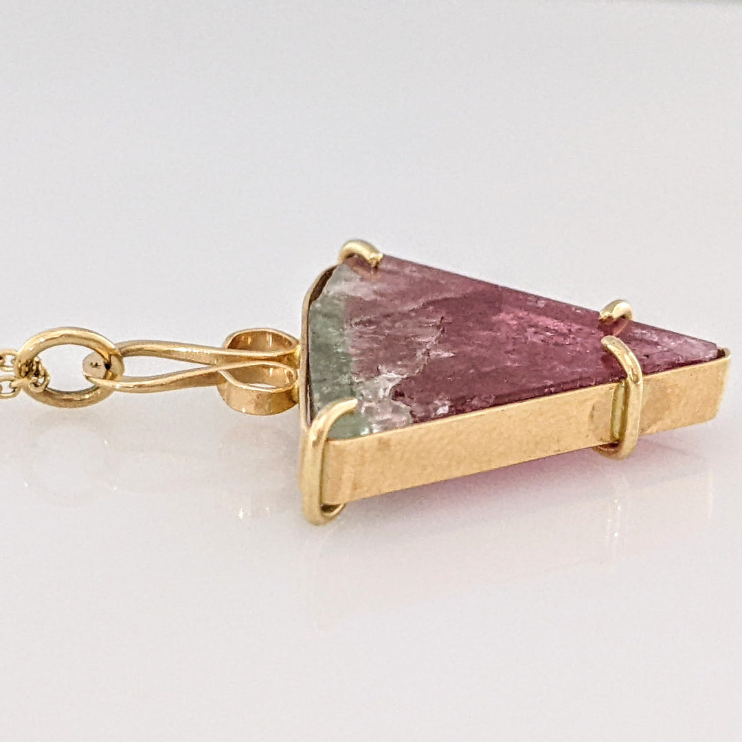 14K WATERMELON TOURMALINE RAW 20M WRAP ESTATE PENDANT & CHAIN 5.6 GRAMS