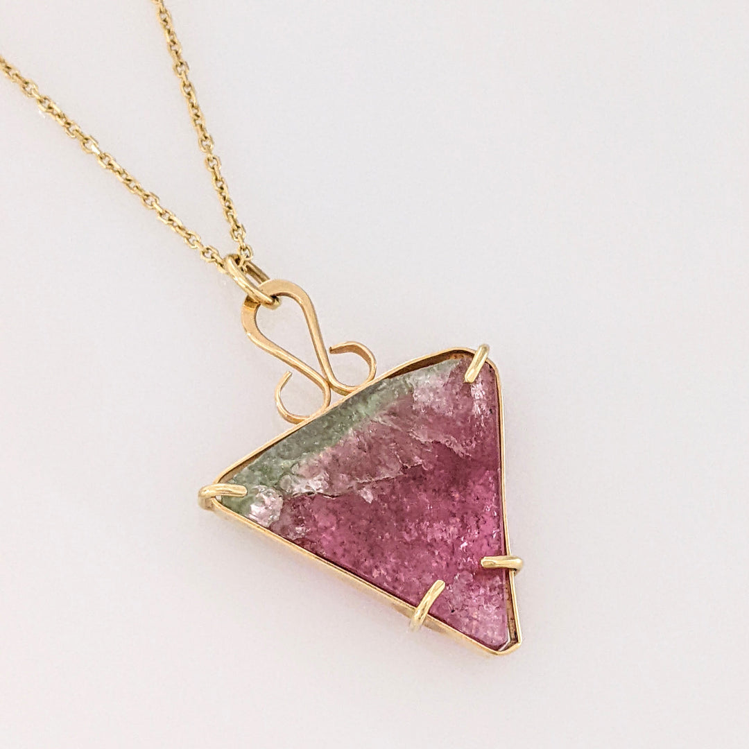 14K WATERMELON TOURMALINE RAW 20M WRAP ESTATE PENDANT & CHAIN 5.6 GRAMS