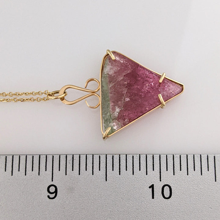 14K WATERMELON TOURMALINE RAW 20M WRAP ESTATE PENDANT & CHAIN 5.6 GRAMS