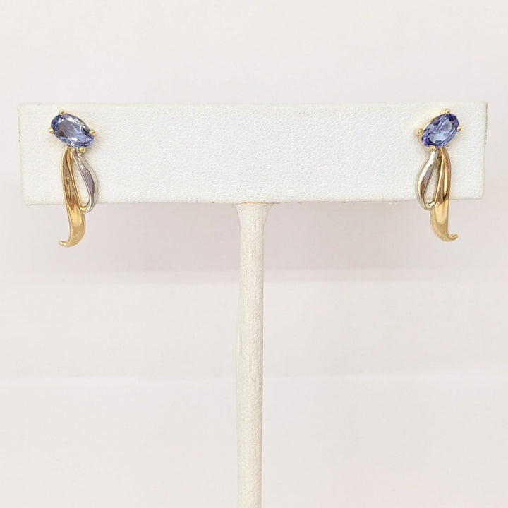 14K TWO-TONE TANZANITE OVAL (2) 4X6 WITH GOLD LINES ESTATE EARRINGS  2.0 GRAMS