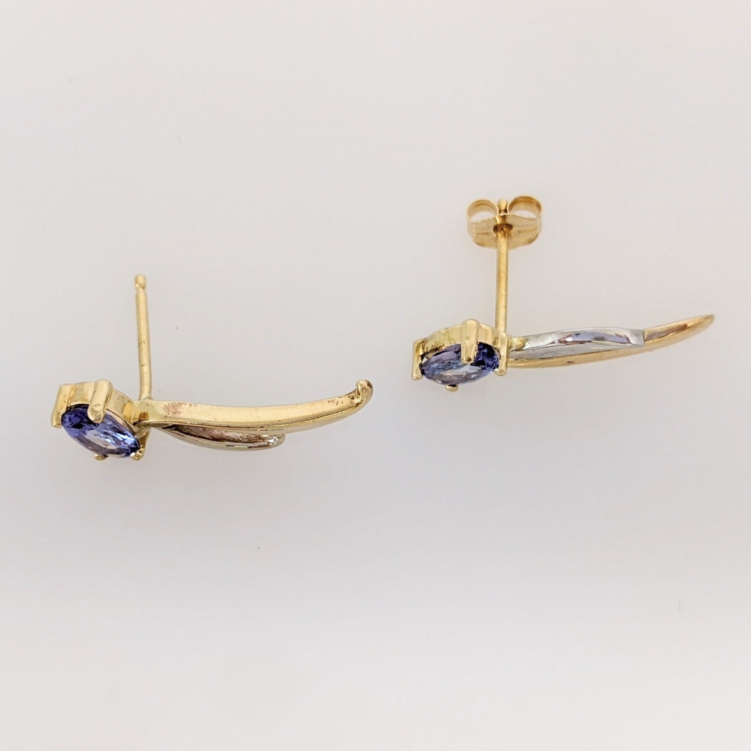 14K TWO-TONE TANZANITE OVAL (2) 4X6 WITH GOLD LINES ESTATE EARRINGS  2.0 GRAMS