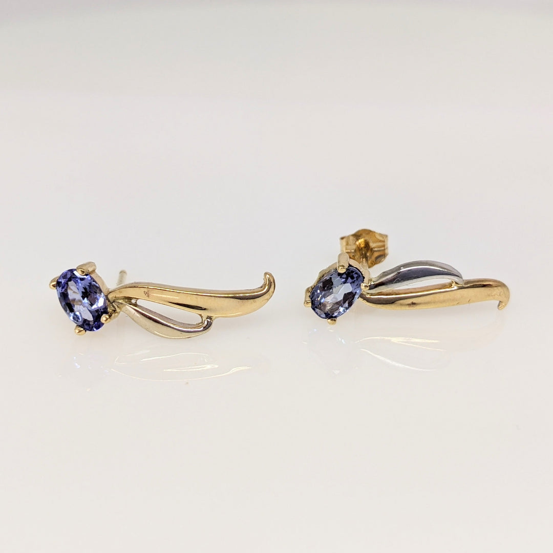 14K TWO-TONE TANZANITE OVAL (2) 4X6 WITH GOLD LINES ESTATE EARRINGS  2.0 GRAMS