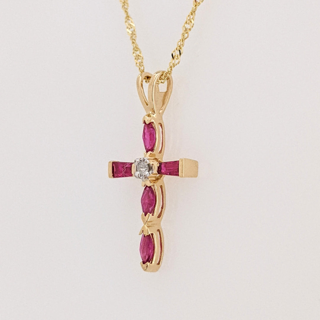 14K RUBY MARQUISE (3) BAGUETTE (2) ESTATE CROSS & CHAIN 1.9 GRAMS