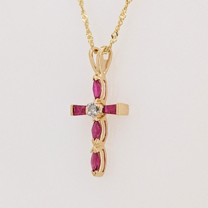 14K RUBY MARQUISE (3) BAGUETTE (2) ESTATE CROSS & CHAIN 1.9 GRAMS