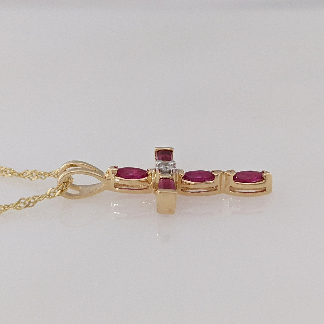 14K RUBY MARQUISE (3) BAGUETTE (2) ESTATE CROSS & CHAIN 1.9 GRAMS