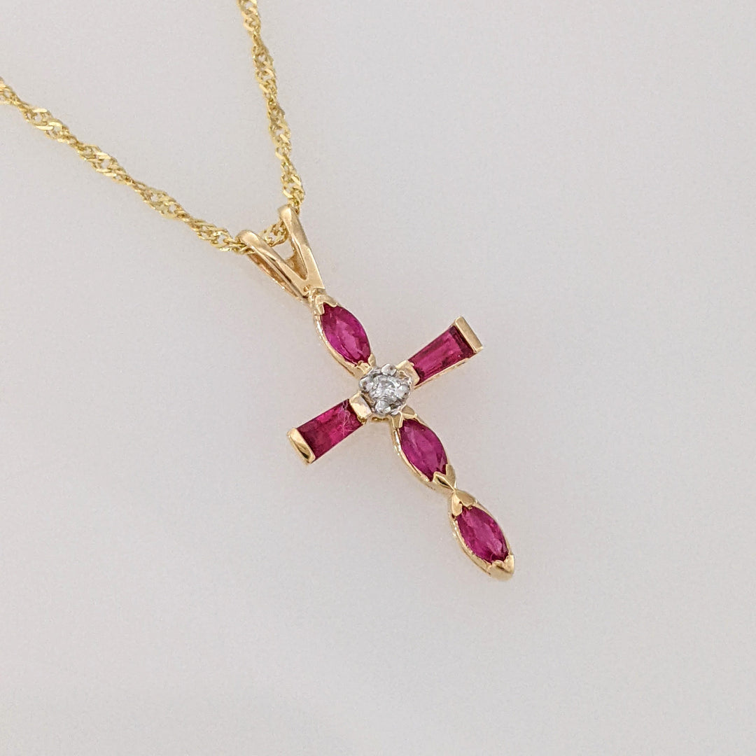 14K RUBY MARQUISE (3) BAGUETTE (2) ESTATE CROSS & CHAIN 1.9 GRAMS