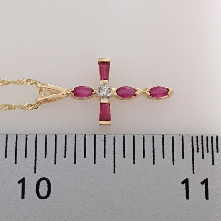 14K RUBY MARQUISE (3) BAGUETTE (2) ESTATE CROSS & CHAIN 1.9 GRAMS