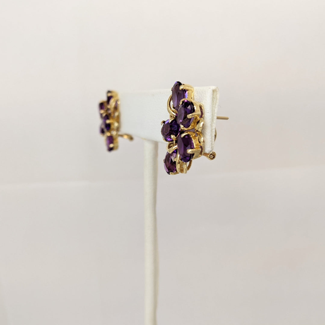 14K AMETHYST OVAL (10) 5X7 CLUSTER ESTATE EARRINGS 5.8 GRAMS