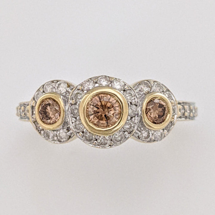 14K .95 CARAT TOTAL WEIGHT SI1 BROWN (3) WHITE (42) BEZEL HALO ESTATE RING 3.0 GRAMS