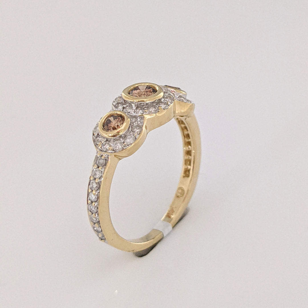 14K .95 CARAT TOTAL WEIGHT SI1 BROWN (3) WHITE (42) BEZEL HALO ESTATE RING 3.0 GRAMS