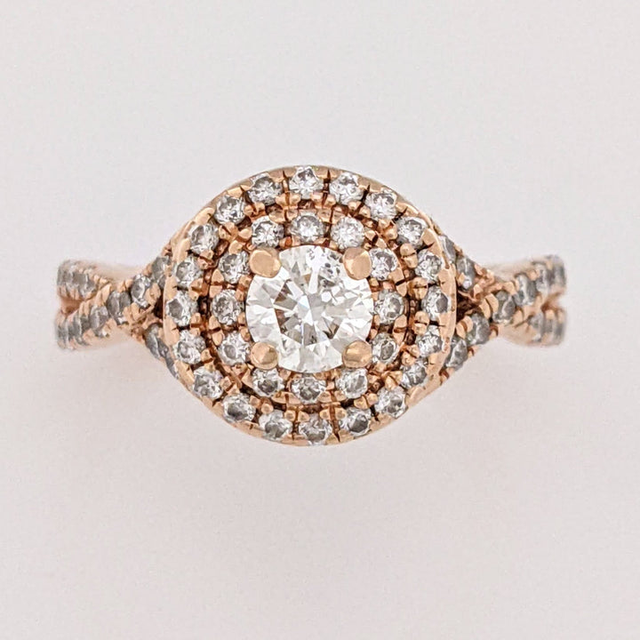 14K ROSE .95 CARAT TOTAL WEIGHT I1 I DIAMOND ROUND (61) DOUBLE HALO "NEIL LANE" ESTATE RING 4.7 GRAMS