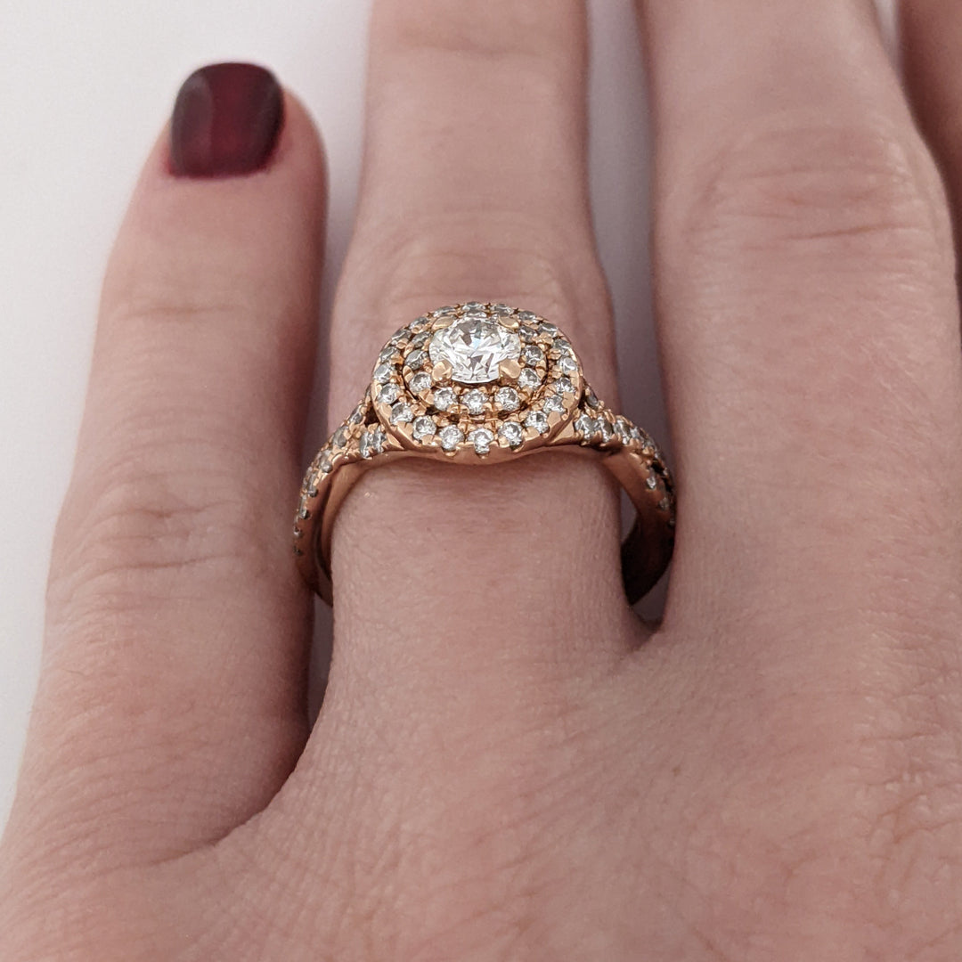 14K ROSE .95 CARAT TOTAL WEIGHT I1 I DIAMOND ROUND (61) DOUBLE HALO "NEIL LANE" ESTATE RING 4.7 GRAMS