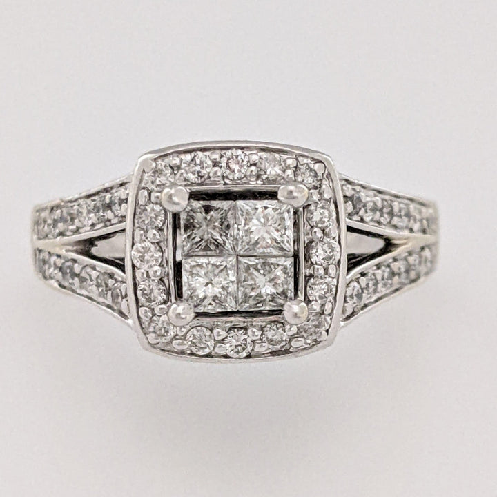 14K WHITE .83 CARAT TOTAL WEIGHT SI2 I DIAMOND PRINCESS CUT (4) ROUND (50) ESTATE HALO RING 4.5 GRAMS