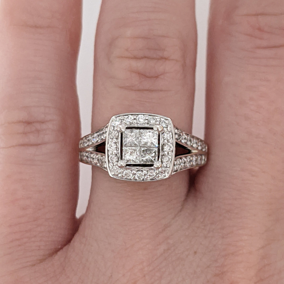 14K WHITE .83 CARAT TOTAL WEIGHT SI2 I DIAMOND PRINCESS CUT (4) ROUND (50) ESTATE HALO RING 4.5 GRAMS