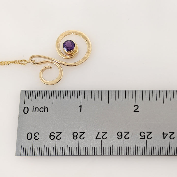 14K AMETHYST ROUND 6MM BEZEL "ED LEVIN" ESTATE SWIRL PENDANT & CHAIN 5.2 GRAMS