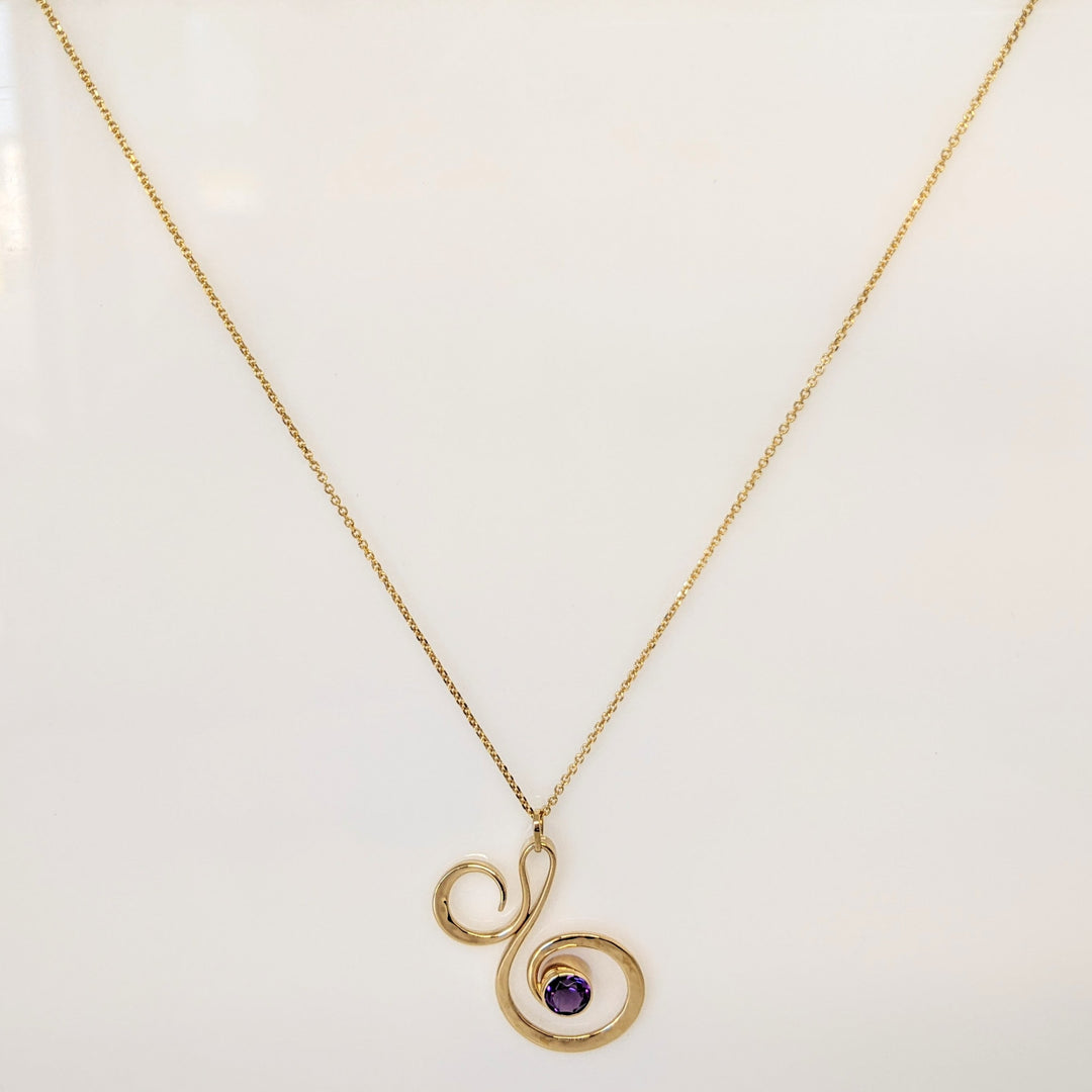 14K AMETHYST ROUND 6MM BEZEL "ED LEVIN" ESTATE SWIRL PENDANT & CHAIN 5.2 GRAMS