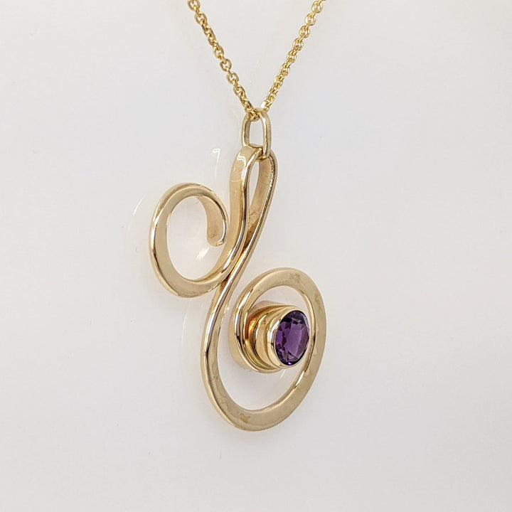 14K AMETHYST ROUND 6MM BEZEL "ED LEVIN" ESTATE SWIRL PENDANT & CHAIN 5.2 GRAMS