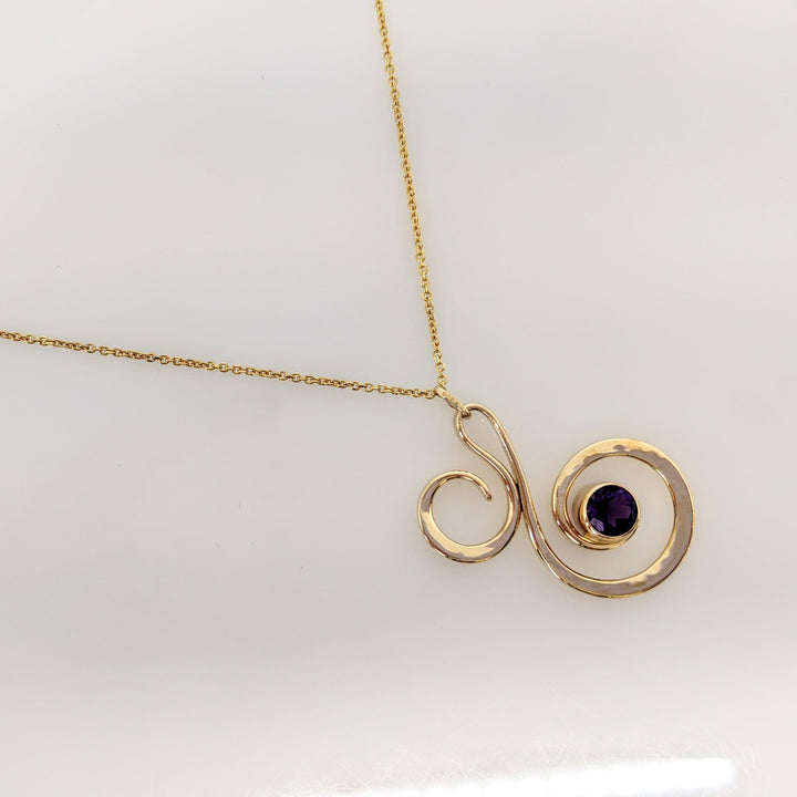 14K AMETHYST ROUND 6MM BEZEL "ED LEVIN" ESTATE SWIRL PENDANT & CHAIN 5.2 GRAMS