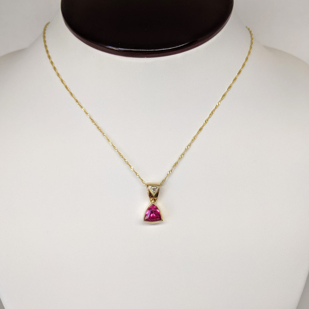 14K PINK TOURMALINE TRILLION CUT 7MM WITH .23 CARAT TOTAL DIAMOND TRILLION CUT BEZEL ESTATE PENDANT & CHAIN 3.8 GRAMS