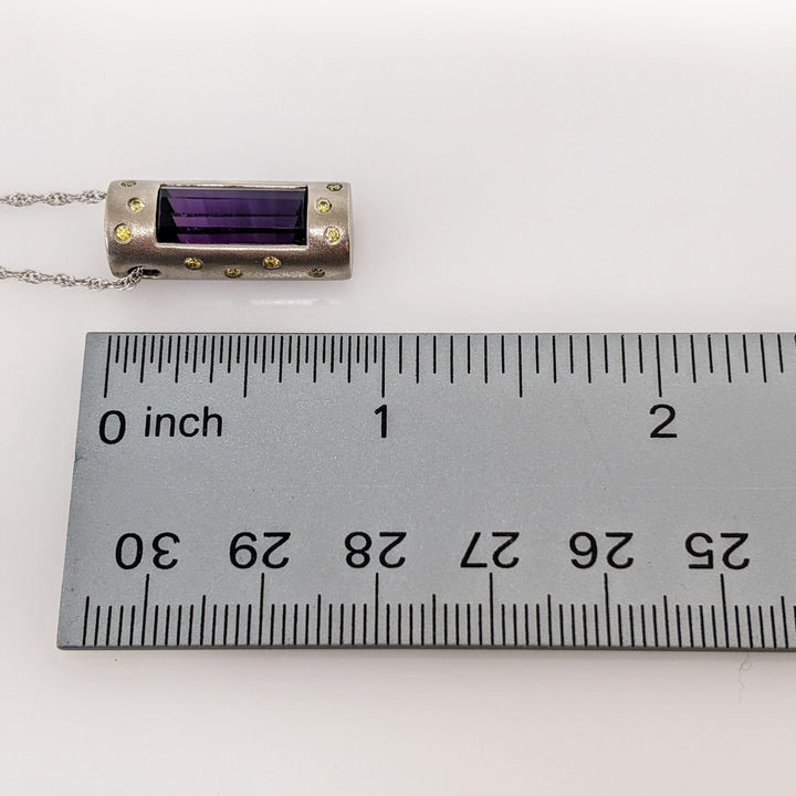 14K WHITE AMETHYST BAR 13X6 WITH (14) ROUND YELLOW DIAMONDS ESTATE PENDANT & CHAIN 10.0 GRAMS