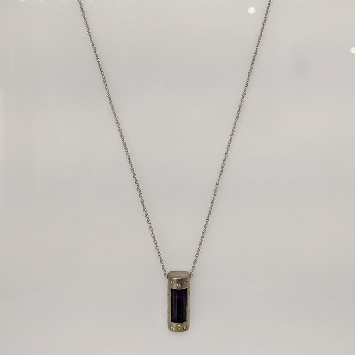 14K WHITE AMETHYST BAR 13X6 WITH (14) ROUND YELLOW DIAMONDS ESTATE PENDANT & CHAIN 10.0 GRAMS