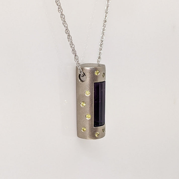 14K WHITE AMETHYST BAR 13X6 WITH (14) ROUND YELLOW DIAMONDS ESTATE PENDANT & CHAIN 10.0 GRAMS