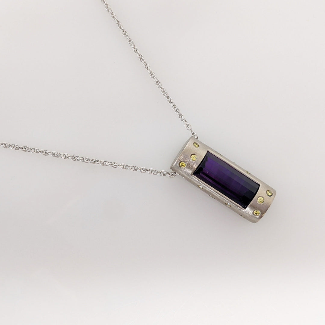 14K WHITE AMETHYST BAR 13X6 WITH (14) ROUND YELLOW DIAMONDS ESTATE PENDANT & CHAIN 10.0 GRAMS