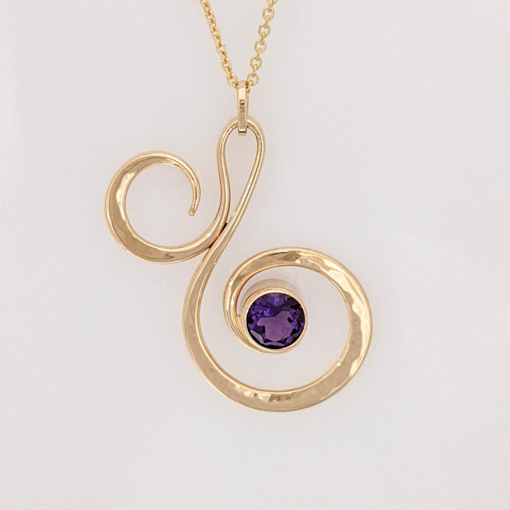 14K AMETHYST ROUND 6MM BEZEL "ED LEVIN" ESTATE SWIRL PENDANT & CHAIN 5.2 GRAMS