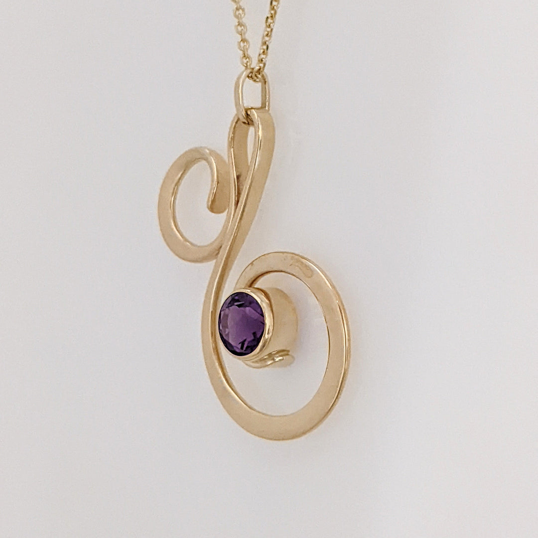 14K AMETHYST ROUND 6MM BEZEL "ED LEVIN" ESTATE SWIRL PENDANT & CHAIN 5.2 GRAMS