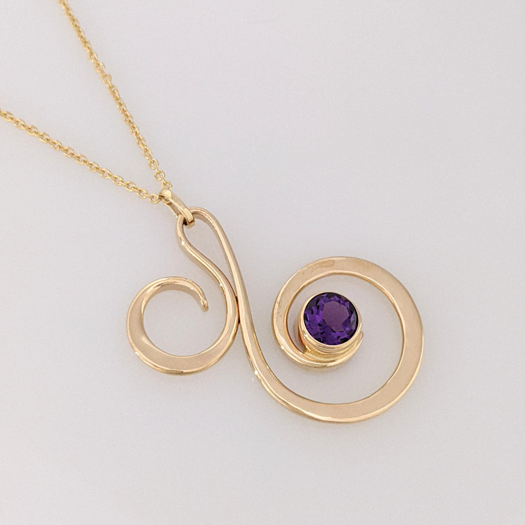 14K AMETHYST ROUND 6MM BEZEL "ED LEVIN" ESTATE SWIRL PENDANT & CHAIN 5.2 GRAMS