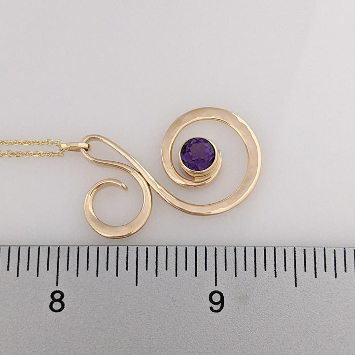 14K AMETHYST ROUND 6MM BEZEL "ED LEVIN" ESTATE SWIRL PENDANT & CHAIN 5.2 GRAMS