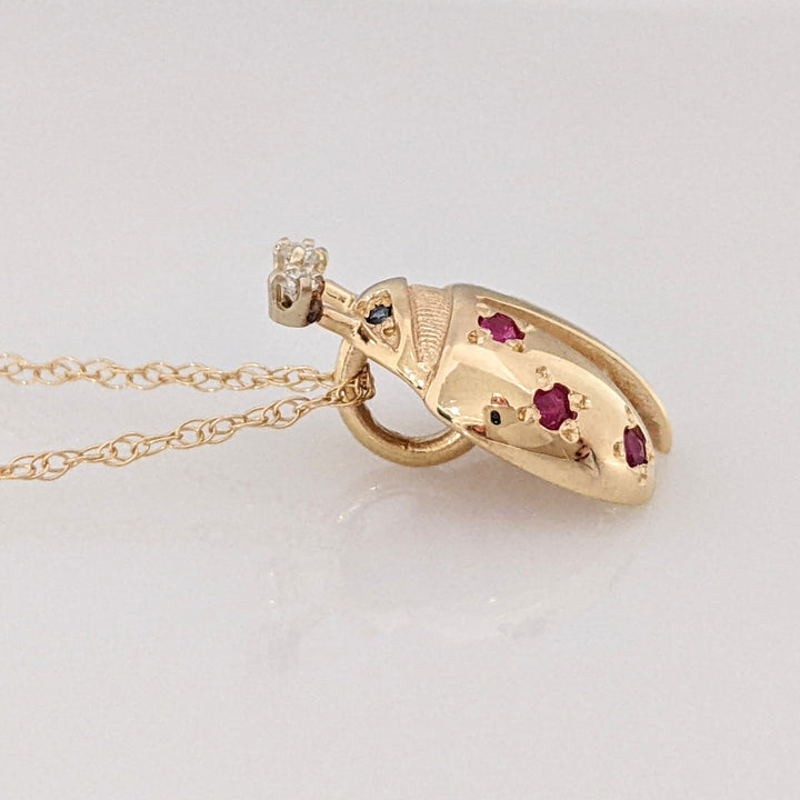 14K LADYBUG WITH (6) ROUND RUBY AND (2) MELEE ESTATE PENDANT & CHAIN 3.3 GRAMS