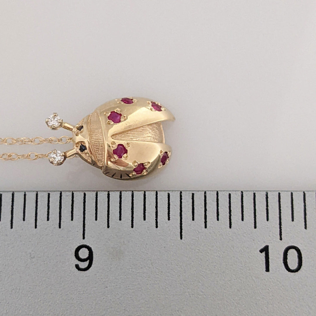 14K LADYBUG WITH (6) ROUND RUBY AND (2) MELEE ESTATE PENDANT & CHAIN 3.3 GRAMS