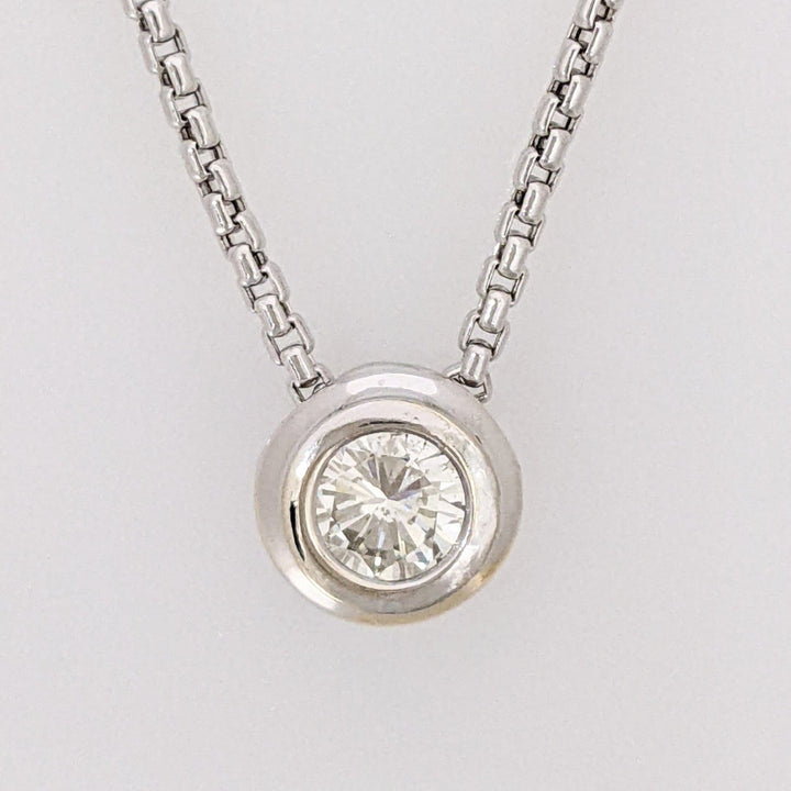 14K WHITE .49 CARAT TOTAL SI2 J DIAMOND ROUND BEZEL SET ESTATE PENDANT & CHAIN 2.7 GRAMS