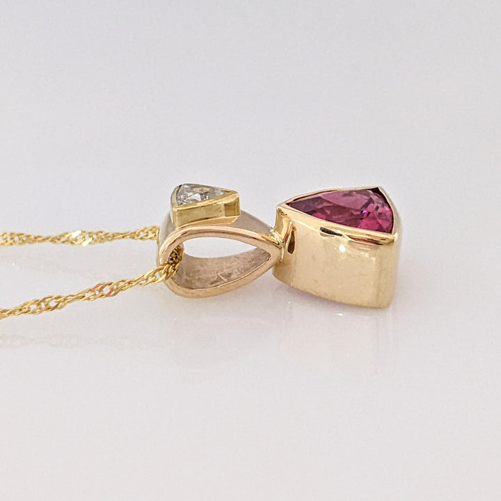 14K PINK TOURMALINE TRILLION CUT 7MM WITH .23 CARAT TOTAL DIAMOND TRILLION CUT BEZEL ESTATE PENDANT & CHAIN 3.8 GRAMS