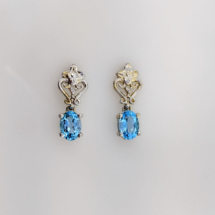 10K WHITE BLUE TOPAZ OVAL (2) 5X7 WITH (2) MELEE ESTATE DANGLE EARRINGS 2.1 GRAMS