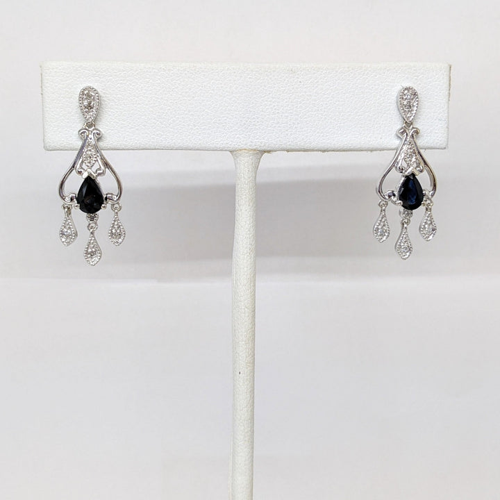 14K WHITE SAPPHIRE PEAR (2) 4X6 WITH (12) MELEE ESTATE DANGLE EARRINGS 4.1 GRAMS