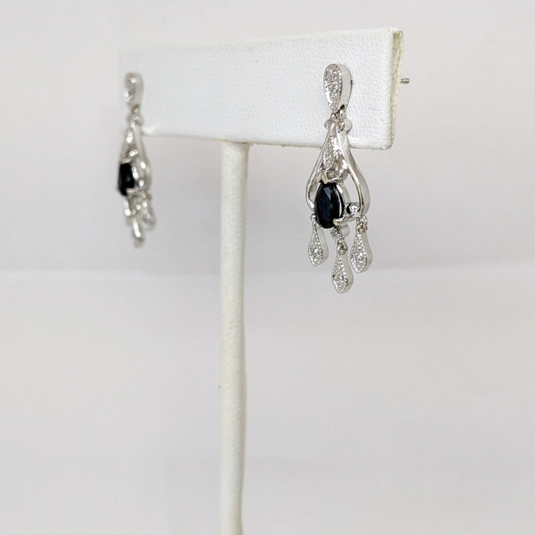 14K WHITE SAPPHIRE PEAR (2) 4X6 WITH (12) MELEE ESTATE DANGLE EARRINGS 4.1 GRAMS