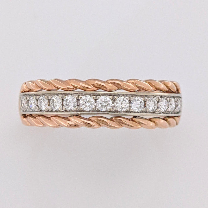 14K ROSE .25 CARAT TOTAL WEIGHT I1 I DIAMOND ROUND (13) ROPE TRIM ESTATE BAND 2.5 GRAMS