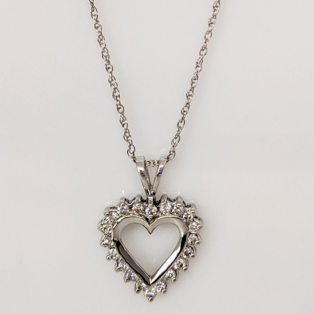 14K WHITE .50 CARAT TOTAL WEIGHT I1 J DIAMOND ROUND (20) ESTATE HEART PENDANT & CHAIN 2.6 GRAMS