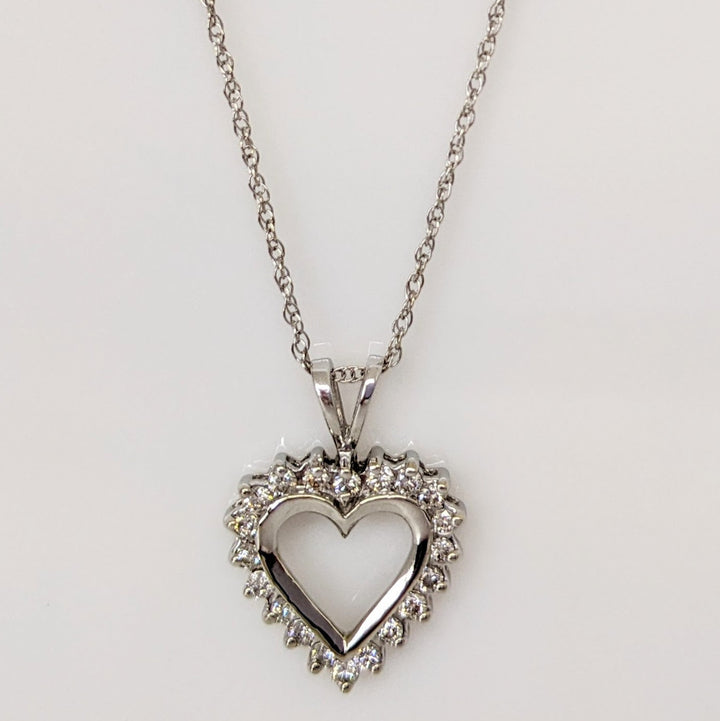 14K WHITE .50 CARAT TOTAL WEIGHT I1 J DIAMOND ROUND (20) ESTATE HEART PENDANT & CHAIN 2.6 GRAMS