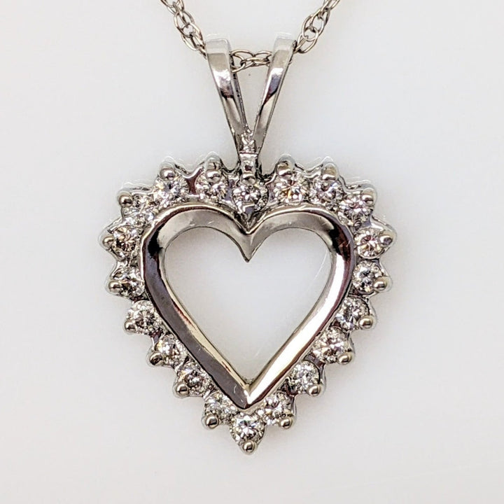 14K WHITE .50 CARAT TOTAL WEIGHT I1 J DIAMOND ROUND (20) ESTATE HEART PENDANT & CHAIN 2.6 GRAMS